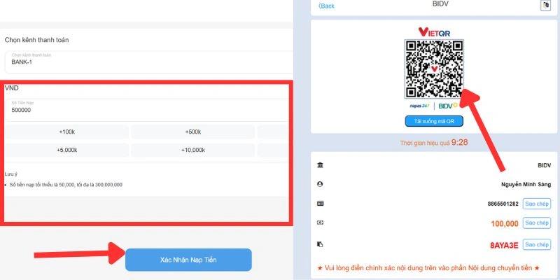 Nhấn nút xác nhận để hoàn tất giao dịch nạp tiền tại nhà cái 8XBET